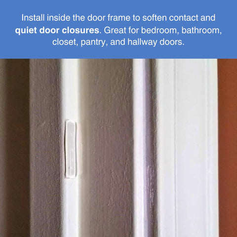 Ultra Quiet Interior Door Bumpers 30 Pack With Energy Absorbing Polyurethane Cushions And Two Layer Gel Technology on door frame.