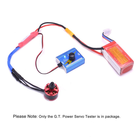 3 Channel Digital Servo Tester with aluminum shell connected to RC motor and battery for hobbyists, demonstrating checking function.