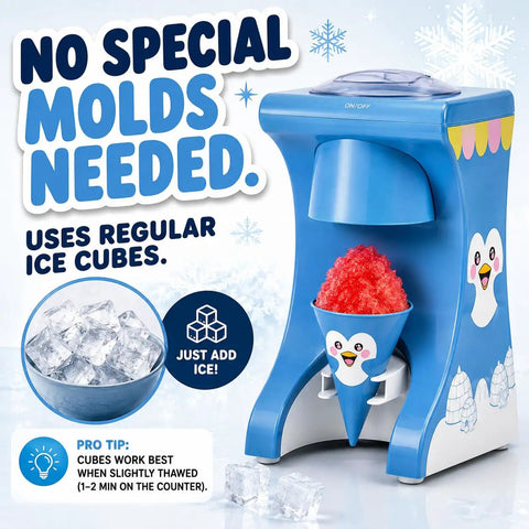 Totally Legit Penguin Shaved Ice Maker For Home And Kids Chills Out Summer Parties By Turning Regular Ice Cubes Into Silky Snow Cones Without Pre Freezing For Easy Weekends, featuring blue design and ice cone.