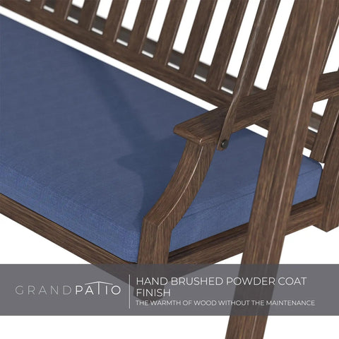 Close-up of blue cushion on Two Seat Patio Swing With Adjustable Tilt Canopy Outdoor Porch Swing Farmhouse Style