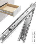 Heavy Duty 12 Inch Side Mount Drawer Slides Pair With 100 Lb Capacity Cold Rolled Steel Zinc Plated Built Tough For Long Lasting Strength And Smooth Quiet Sliding Rails For Cabinets And Tool Chests, shown with mounted drawer and screws