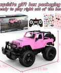 Jeep Licensed Pink 1:14 Scale Remote Control Car For Girls Open Top Off Road RC Jeep With LED Lights 2.4GHz Remote 80 Minutes Play Time Includes 2 DIY Stickers Gift For Girls 6 Plus Birthday Gift Idea, shown with gift box, remote, and stickers.