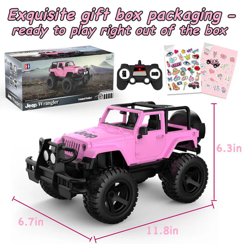 Jeep Licensed Pink 1:14 Scale Remote Control Car For Girls Open Top Off Road RC Jeep With LED Lights 2.4GHz Remote 80 Minutes Play Time Includes 2 DIY Stickers Gift For Girls 6 Plus Birthday Gift Idea, shown with gift box, remote, and stickers.