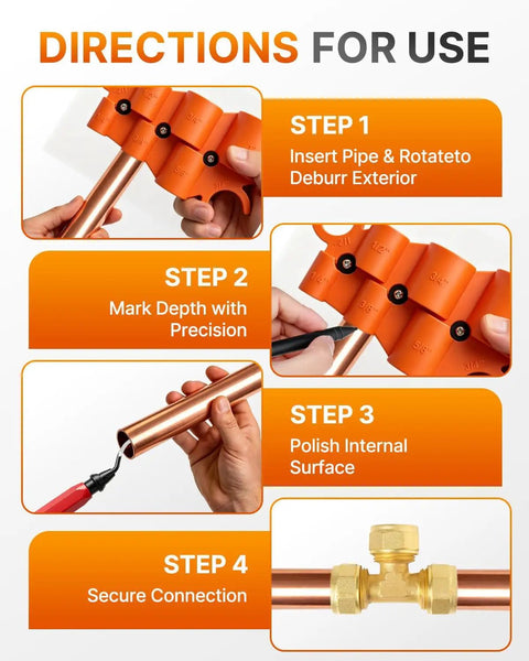 Instructions for use of Slick 17 Piece Plumbing Kit With Depth Gauge And Pipe Deburring Tool for Sharkbite fittings.