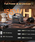 155Wh Solar Generator Kit with 30W Panel Included Portable Power Station next to camping gear on wooden table