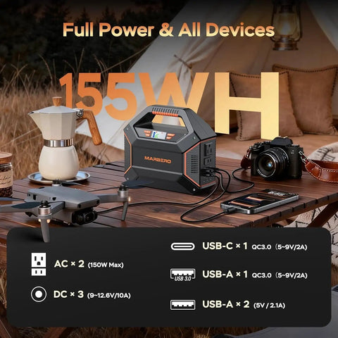 155Wh Solar Generator Kit with 30W Panel Included Portable Power Station next to camping gear on wooden table