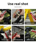 11-In-1 Bicycle Repair Kit For Mountain Bikes showing usage with wrench, screwdriver, and chain tool on various bike parts