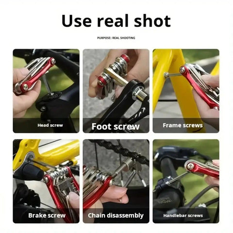 11-In-1 Bicycle Repair Kit For Mountain Bikes showing usage with wrench, screwdriver, and chain tool on various bike parts