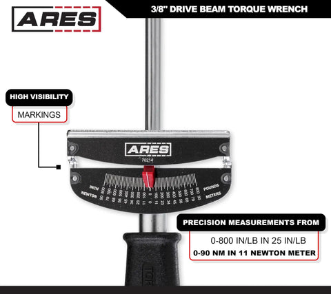 3/8-Inch Drive Beam Torque Wrench 0-800 Inch-Pounds And 0-90 Newton Meters With Clear High Visibility Markings, close-up view.