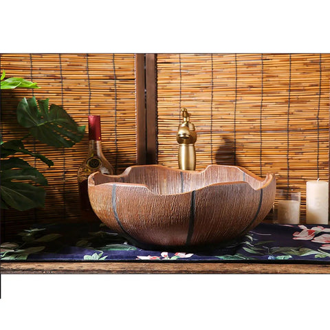 USZWBY Bathroom Vessel Sink Bathroom Sink Above Counter 16.1”X5.9”Luxurious Bathroom Vessel Sink Retro Ceramic with gold faucet.