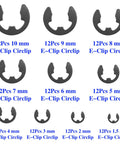 Must Have E Clip Kit 120Pcs External Circlips Snap Rings Set 1.5mm to 10mm sizes in display, carbon steel, for bearings gears pulleys.