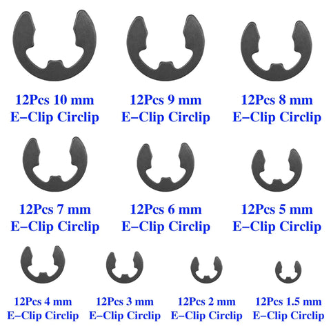 Must Have E Clip Kit 120Pcs External Circlips Snap Rings Set 1.5mm to 10mm sizes in display, carbon steel, for bearings gears pulleys.