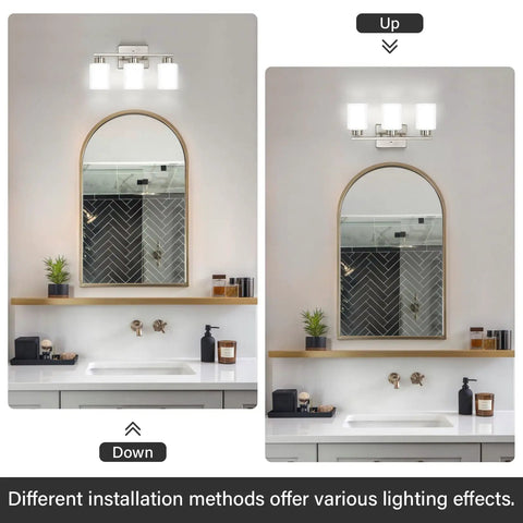 Brushed Nickel Vanity Light For Bathroom Mirrors Hits Different For Your Vanity Area Solid Pick With Etl Certified Ceramic E26 Socket shown above and below mirror.