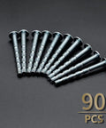 Heavy Duty 90 Pack Truss Head Break Away Machine Screws M4 X 45mm Galvanized Carbon Steel arranged in a row on dark background.