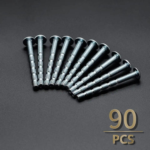 Heavy Duty 90 Pack Truss Head Break Away Machine Screws M4 X 45mm Galvanized Carbon Steel arranged in a row on dark background.