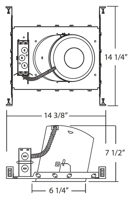 Diagram of 6 Inch Sloped Recessed Housing For New Construction Applications IC Rated Aluminum Construction With Adjustable Socket Bracket.
