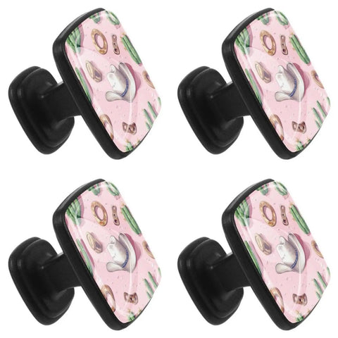 4 Pack Cowboy Hat Cactus Cabinet Knobs With Crystal Glass Surface On Pink Background Drawer Pulls For Dresser Cupboard Kitchen And Closets Black ABS Base Decor Hardware