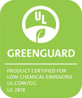 Greenguard certification logo for low chemical emissions on a green background.
