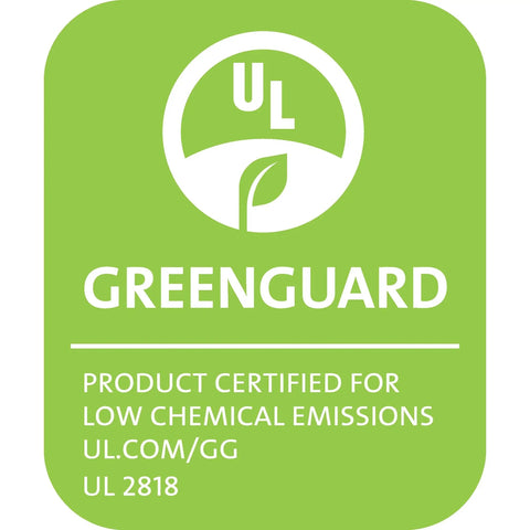 Greenguard certification logo for low chemical emissions on a green background.