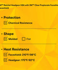 H8A Ratchet Headgear System With W96 Clear Propionate Faceshield features protection, shape, heat resistance details on yellow background.