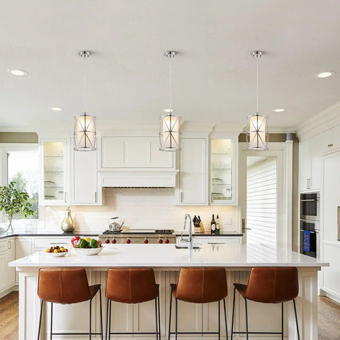 Modern Cylindrical Pendant Light With Frosted Glass Shade In Brushed Nickel For Kitchen Island Lighting Hanging Over Island Dining Area