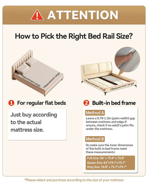 Diagram showing how to select size for No Drill King Size Bed Rails For Kids Three Piece Guard with height-adjustable gray bear design.