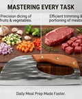 Hand Forged Chef Knife And Cleaver Set With Leather Sheath, Carbon Steel Viking Meat Cleaver next to diced veggies and meat on board