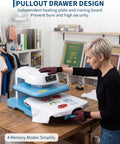 Professional Electric Heat Press Machine Blue White Large Capacity For T Shirts Hoodies Professional Sublimation Heat Press For Htv Vinyl And Diy Craft Projects Big Work Area in use with t-shirt design.