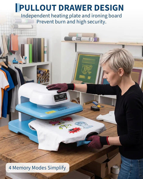 Professional Electric Heat Press Machine Blue White Large Capacity For T Shirts Hoodies Professional Sublimation Heat Press For Htv Vinyl And Diy Craft Projects Big Work Area in use with t-shirt design.