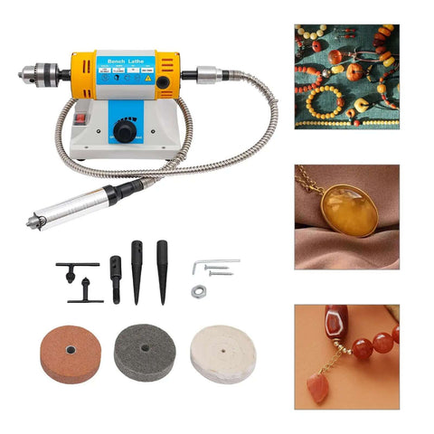 Pro Grade Bench Top Polisher And Grinder For Sanding Grinding And Polishing With 320W Motor And Variable Speed 800 To 10000 RPM 110V Yellow Industrial Tool Includes A Full Accessory Kit For Workshops Makers And DIYers showing accessories and jewelry making applications