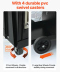 Close-up of heavy duty 2 tier welder cart with anti theft lockable cabinet, 360 degree swivel wheels, and safety chains.