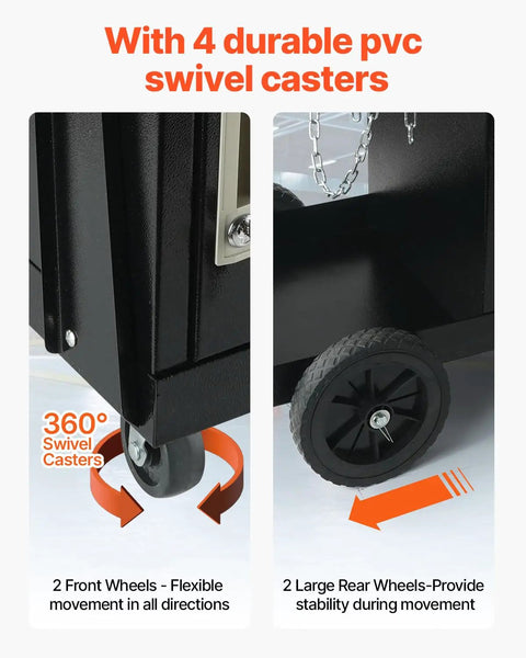 Close-up of heavy duty 2 tier welder cart with anti theft lockable cabinet, 360 degree swivel wheels, and safety chains.