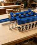 Adjustable Aluminum Drill Guide Jig Router Board With Threaded Bushings And Locating Pins For Cabinet Doors Shelving Bullseye Alignment No Sweat Setup view on workbench with tool and bushings
