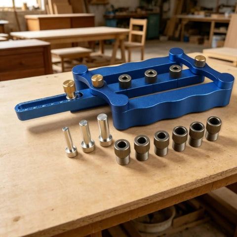 Adjustable Aluminum Drill Guide Jig Router Board With Threaded Bushings And Locating Pins For Cabinet Doors Shelving Bullseye Alignment No Sweat Setup view on workbench with tool and bushings