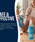 Eyeglass lens cleaner spray bottle with blue label; side view of a person cleaning eyeglasses with a microfiber cloth