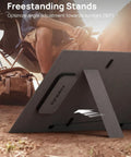 Freestanding stand for Top Shelf Portable Power Station Featuring 2048 Wh Heavy Duty Battery Bank and 3000 W Instant Output on uneven terrain.