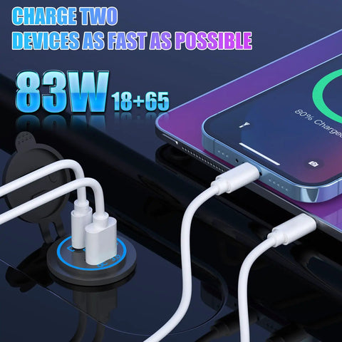Heavy Duty 12V USB C Outlet Pushes Out Slick 65W PD3.0 And 18W Quick Charge 3.0 Waterproof Car Socket with two devices charging.