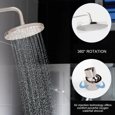 Brushed Nickel Shower Faucet Set Complete Shower System With 6 Inch Rain Shower Head highlighting 360° rotation feature
