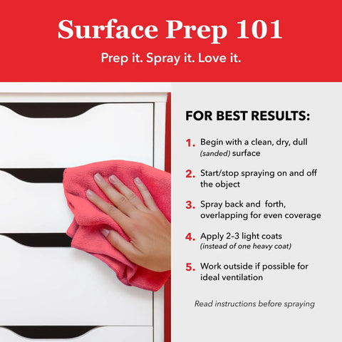 Instructional image on surface prep for using Legit Heavy Duty Acrylic Clear Spray Paint For Indoor Outdoor Projects.