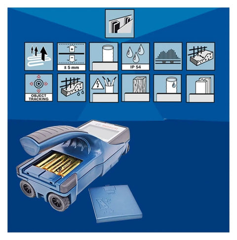 Professional Wall Scanner And Stud Finder With Dead On Depth Tracking Rebar Wire Pipe Sensor And Quick Layout Tool For Hardworking Contractors Handling Any Job No Sweat At All showing battery compartment and interface.