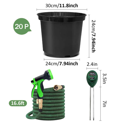 5 Gallon Nursery Pots 20 Pack With 50 Foot Garden Hose And Spray Nozzle Plus 3 In 1 Soil Tester shown with dimensions