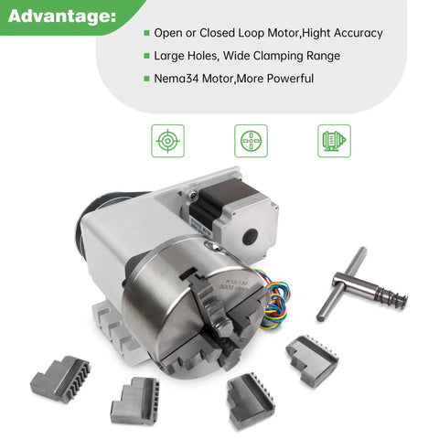 K12 130mm CNC 4th Axis for Router Table Rotary Milling Machine with 30mm Through Hole, 4 Jaw Chuck, 4 to 1 Reduction