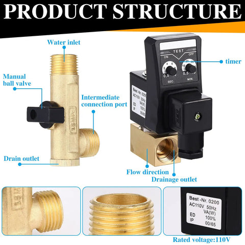 110V Auto Timed Drain Valve Kit For Air Compressors With Braided Steel Hose Half Inch NPT Brass Elbow Fitting Heavy Duty Tank Drain