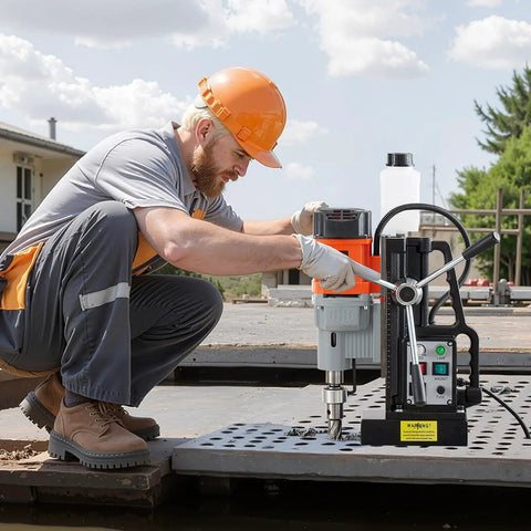 Worker using Beast Magnetic Drill Press for Metalwork with 1550W Power, 2.4 Inch Coring Diameter, 0-600 RPM Variable Speed.