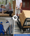 Heavy Duty Electric Stair Climber Dolly With Rubber Tracks For Hauling Furniture Appliances And Industrial Gear Up To 771 Lbs Using Powerful 1200W Motor Plus Foldable Design For Easy Storage and Smooth Moves, shown lifting boxes.