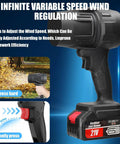 Cordless Leaf Blower with Battery and Charger, showing variable speed wind regulation feature and 21V battery.