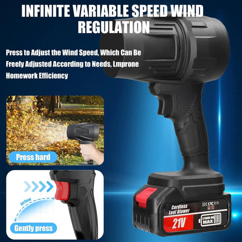Cordless Leaf Blower with Battery and Charger, showing variable speed wind regulation feature and 21V battery.