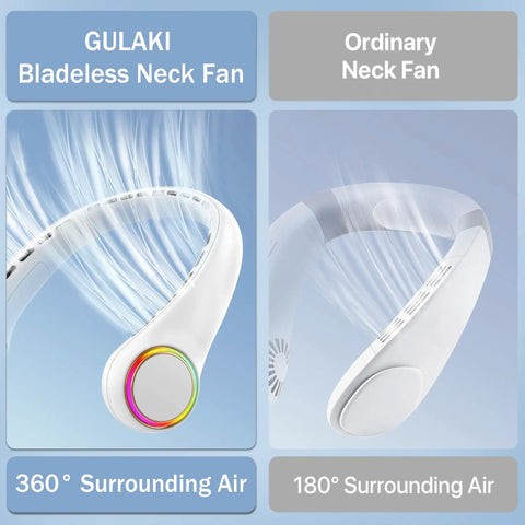 Comparison of GULAKI bladeless neck fan and ordinary neck fan highlighting 360° and 180° air flow features.