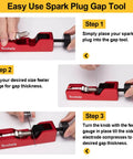 Red spark plug gap tool in use with 32 blade steel feeler gauge for most 10mm 12mm 14mm 16mm thread spark plugs