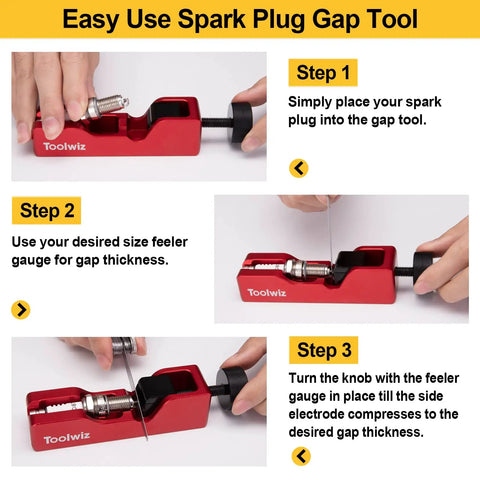Red spark plug gap tool in use with 32 blade steel feeler gauge for most 10mm 12mm 14mm 16mm thread spark plugs